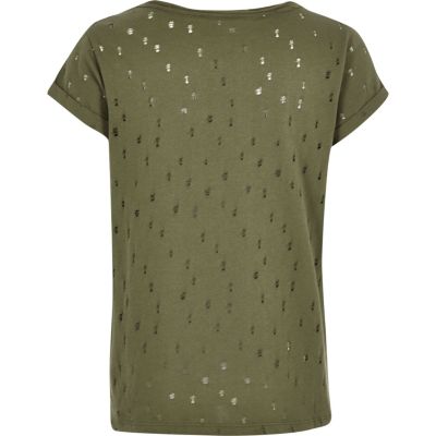 Girls khaki green &#39;je te vois&#39; sequin T-shirt